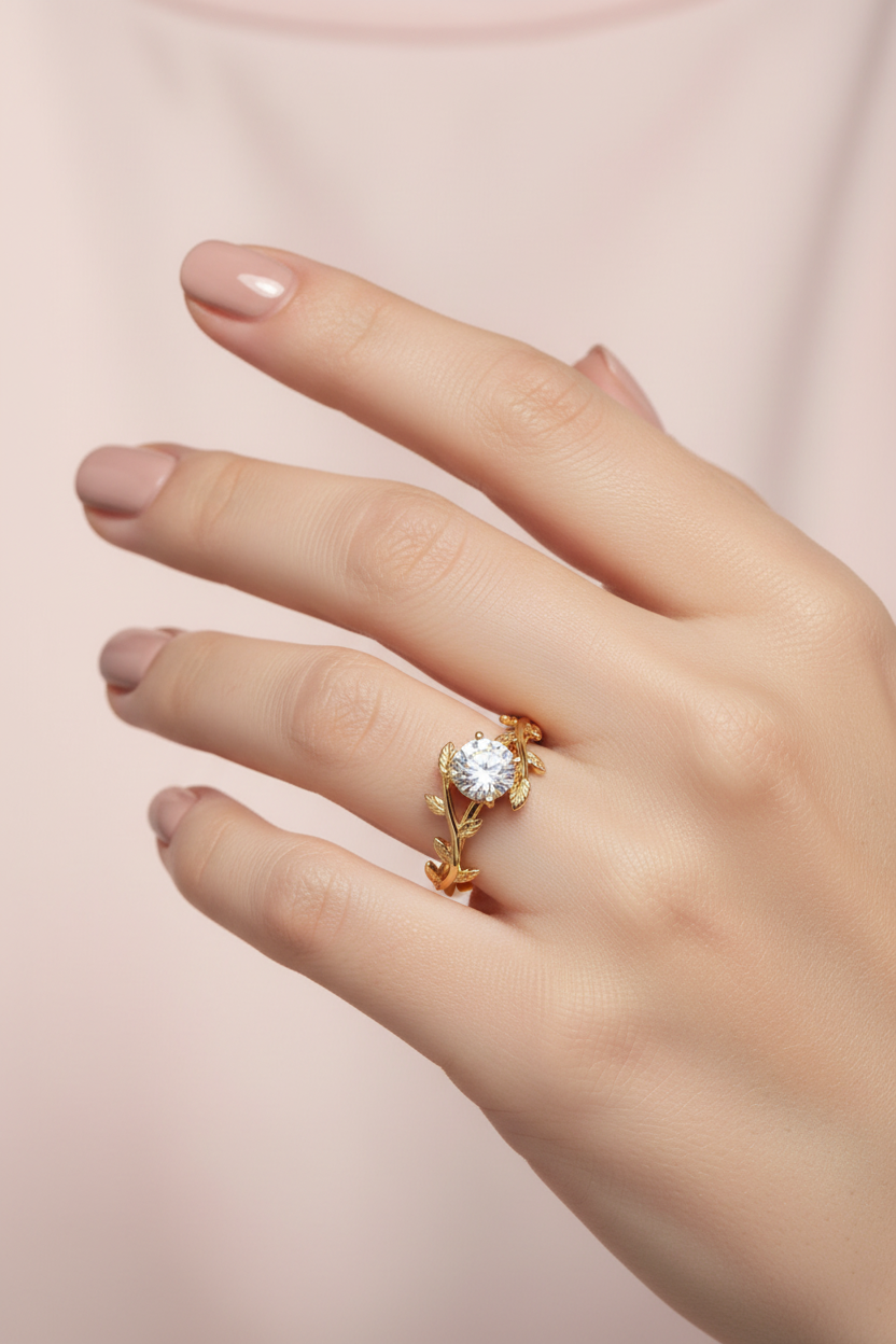 Aliança Magnolia Ouro 18K com design de folhas e pedra central Moussanite