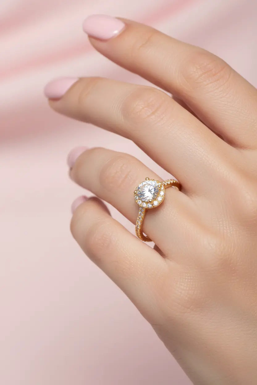 Anel Solitário Halo de Vênus em Ouro 18k - Ourus Alianças