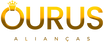 Logo dourado com desenho de aliança e coroa, texto 'OURUS ALIANÇAS' em destaque