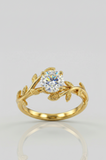 Solitário Olivia ouro 18k com pedra moissanite central, aro com folhas detalhadas