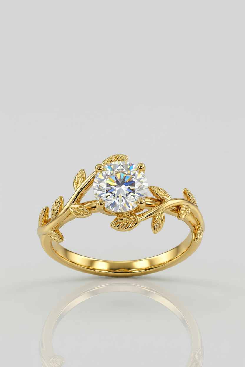 Solitário Olivia ouro 18k com pedra moissanite central, aro com folhas detalhadas